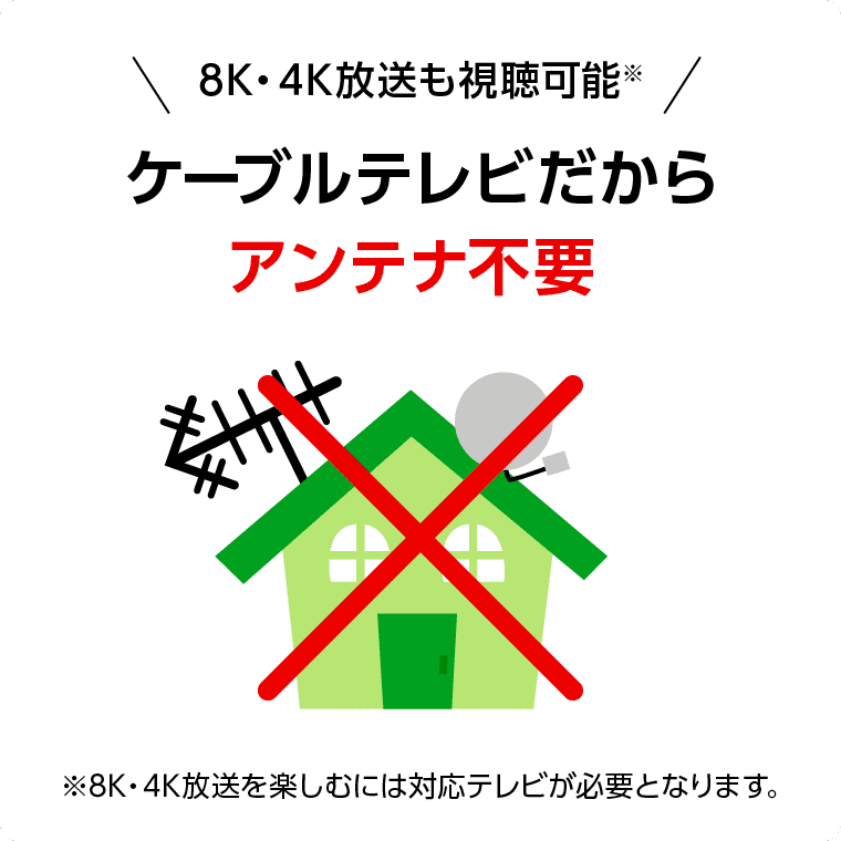 8K・4K放送も視聴可能※　ケーブルテレビだからアンテナ不要　※8K・4K放送を楽しむには対応テレビが必要となります。