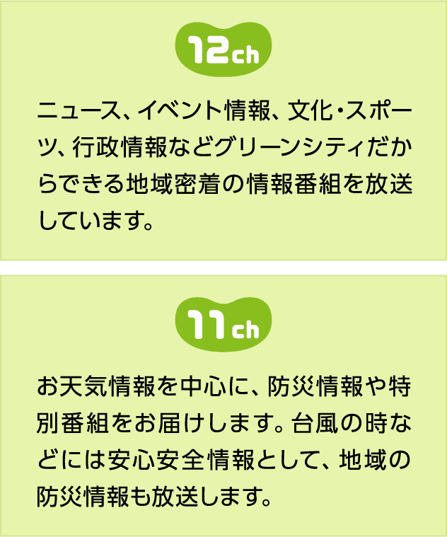 12ch　ニュース、イベント情報、文化・スポーツ、行政情報などグリーンシティだからできる地域密着の情報番組を放送しています。11ch お天気情報を中心に、防災情報や特別番組をお届けします。台風の時などには安心安全情報として、地域の防災情報も放送します。