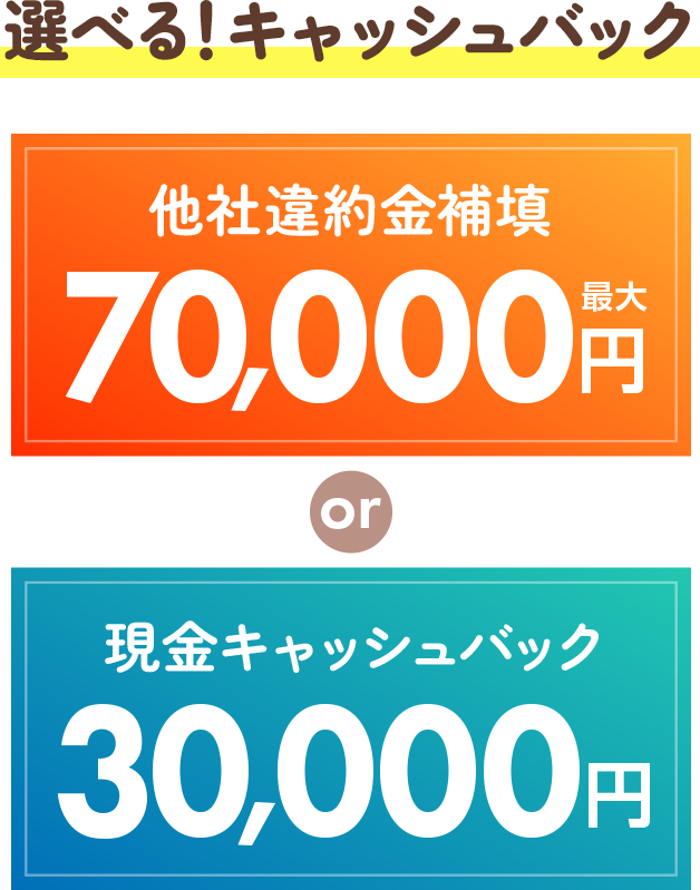 選べる！キャッシュバック　他社違約金補填最大70,000円もしくは現金キャッシュバック30,000円