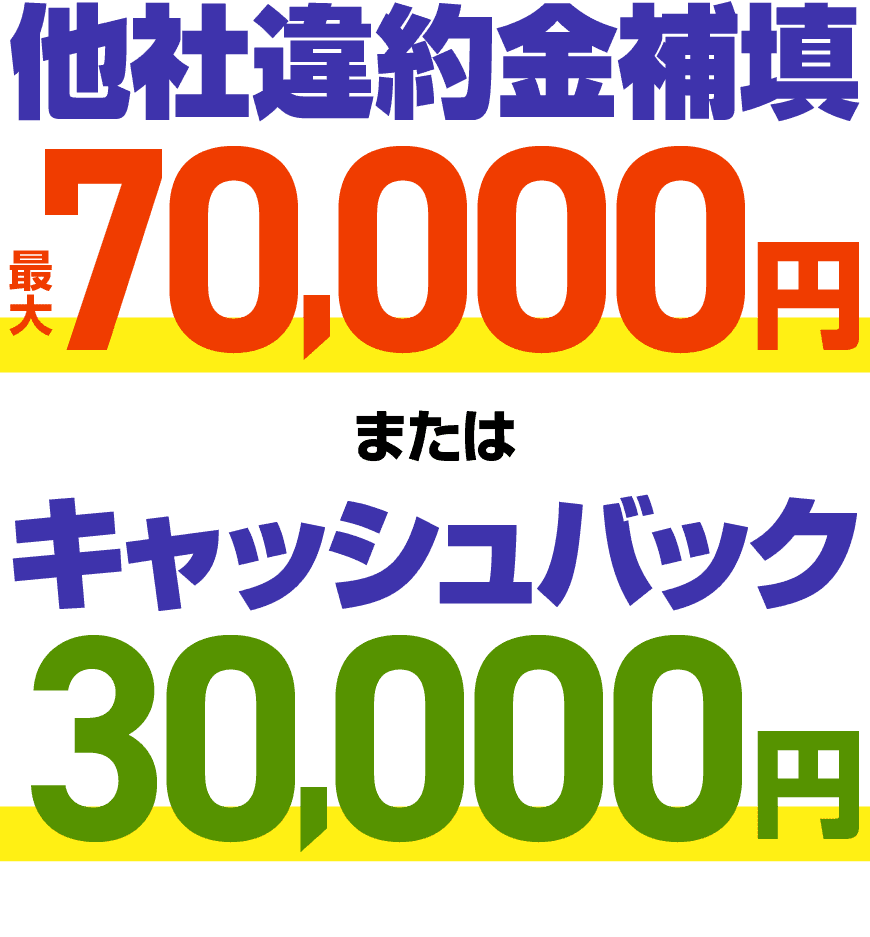 他社違約金補填 最大70,000円またはキャッシュバック30,000円