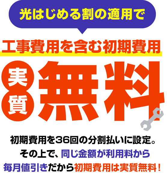 光はじめる割の適用で工事費用を含む初期費用実質無料！初期費用を36回の分割払いに設定。その上で、同じ金額が利用料から毎月値引きだから初期費用は実質無料！