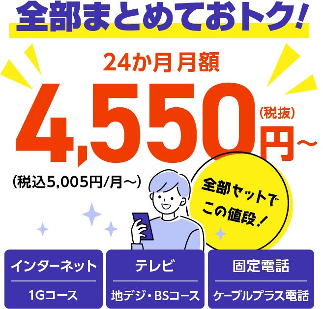 全部まとめておトク！インターネット：1Gコース、テレビ：地デジ・BSコース、固定電話：ケーブルプラス電話全部セットで24か月　月額4,550円（税抜）～（税込5,005円/月～）