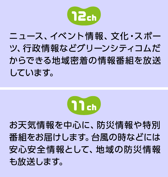 12ch：ニュース、イベント情報、文化・スポーツ、行政情報などグリーンシティだからできる地域密着の情報番組を放送しています。11ch：お天気情報を中心に、防災情報や特別番組をお届けします。台風の時などには安心安全情報として、地域の防災情報も放送します。